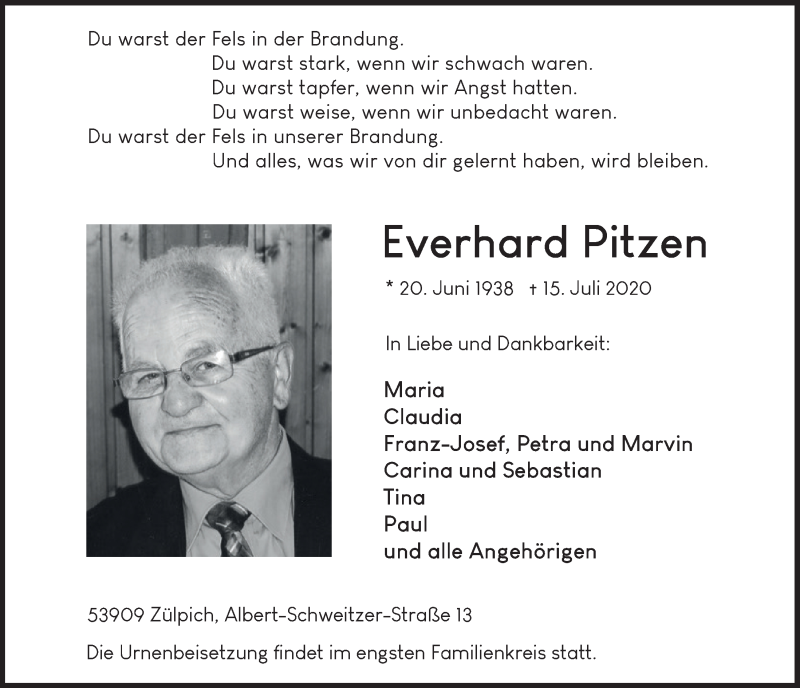  Traueranzeige für Everhard Pitzen vom 25.07.2020 aus  Blickpunkt Euskirchen 