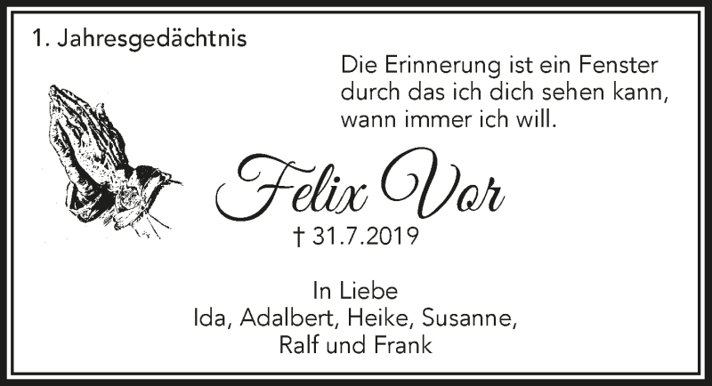  Traueranzeige für Felix Vor vom 31.07.2020 aus  Lokalanzeiger 