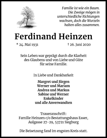 Anzeige von Ferdinand Heinzen von Kölner Stadt-Anzeiger / Kölnische Rundschau / Express