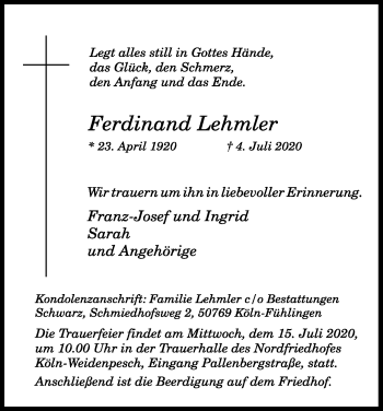 Anzeige von Ferdinand Lehmler von Kölner Stadt-Anzeiger / Kölnische Rundschau / Express