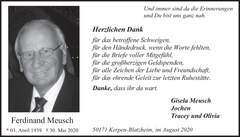  Traueranzeige für Ferdinand Meusch vom 31.07.2020 aus  Werbepost 
