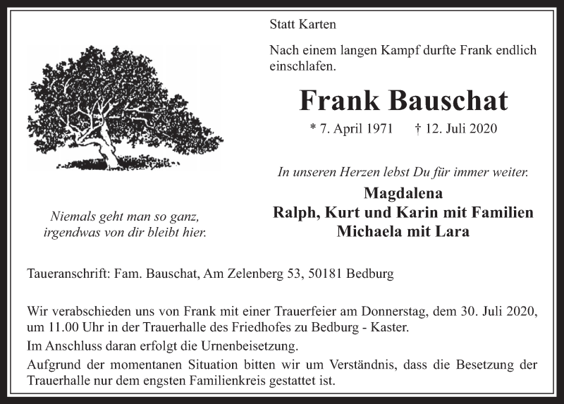  Traueranzeige für Frank Bauschat vom 24.07.2020 aus  Werbepost 