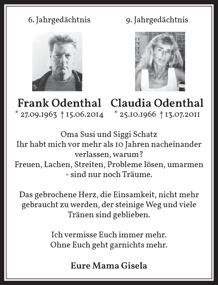  Traueranzeige für Frank Odenthal vom 10.07.2020 aus  Werbepost 