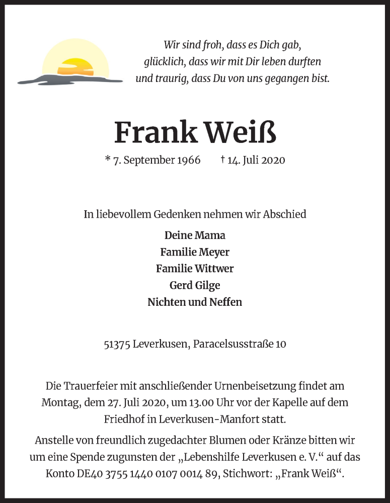 Traueranzeige für Frank Weiß vom 22.07.2020 aus Kölner Stadt-Anzeiger / Kölnische Rundschau / Express