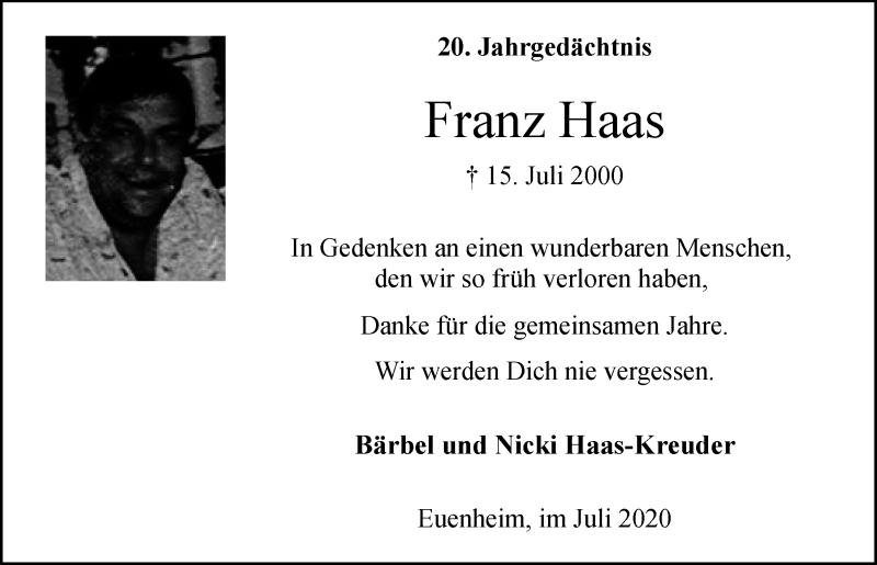  Traueranzeige für Franz Haas vom 11.07.2020 aus  Blickpunkt Euskirchen 