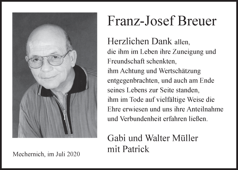  Traueranzeige für Franz-Josef Breuer vom 25.07.2020 aus  Blickpunkt Euskirchen 