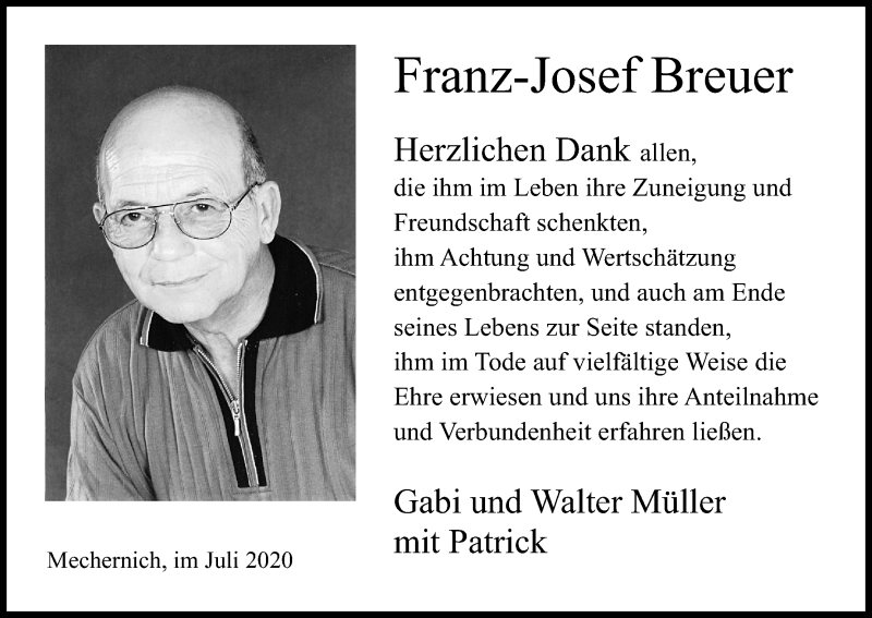  Traueranzeige für Franz-Josef Breuer vom 25.07.2020 aus Kölner Stadt-Anzeiger / Kölnische Rundschau / Express