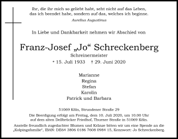 Anzeige von Franz-Josef Schreckenberg von Kölner Stadt-Anzeiger / Kölnische Rundschau / Express