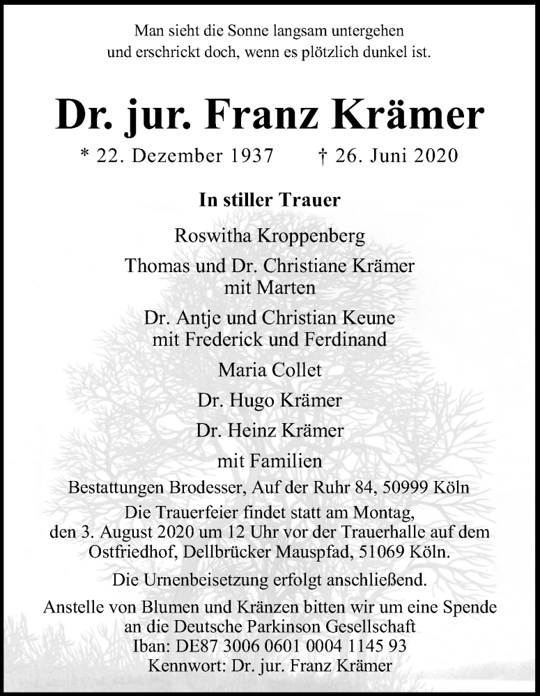  Traueranzeige für Franz Krämer vom 25.07.2020 aus Kölner Stadt-Anzeiger / Kölnische Rundschau / Express