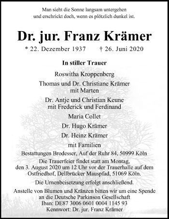 Anzeige von Franz Krämer von Kölner Stadt-Anzeiger / Kölnische Rundschau / Express