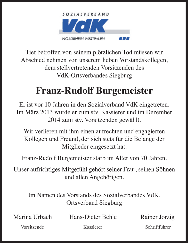  Traueranzeige für Franz-Rudolf Burgemeister vom 25.07.2020 aus Kölner Stadt-Anzeiger / Kölnische Rundschau / Express