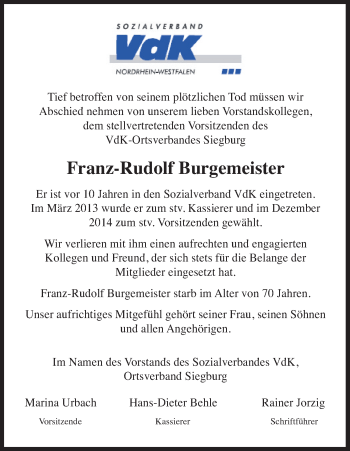 Anzeige von Franz-Rudolf Burgemeister von Kölner Stadt-Anzeiger / Kölnische Rundschau / Express
