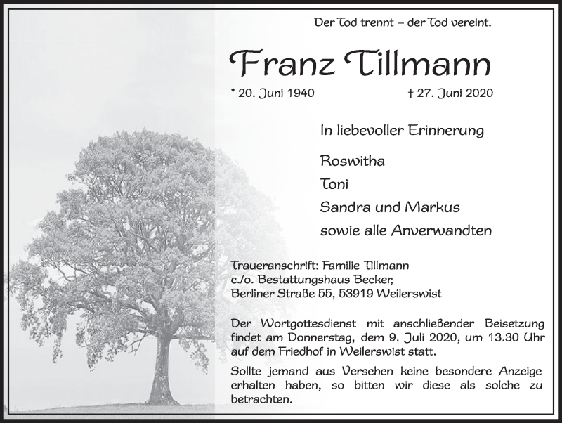 Traueranzeige für Franz Tillmann vom 04.07.2020 aus  Blickpunkt Euskirchen 