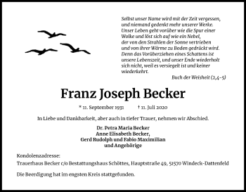 Anzeige von Franz Joseph Becker von Kölner Stadt-Anzeiger / Kölnische Rundschau / Express