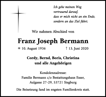 Anzeige von Franz Joseph Bermann von Kölner Stadt-Anzeiger / Kölnische Rundschau / Express