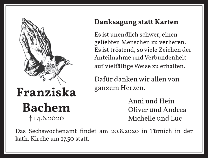  Traueranzeige für Franziska Bachem vom 17.07.2020 aus  Werbepost 