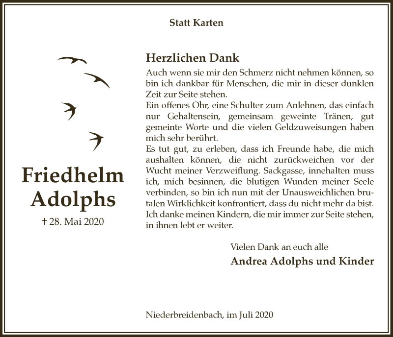  Traueranzeige für Friedhelm Adolphs vom 17.07.2020 aus  Lokalanzeiger 
