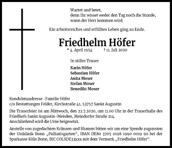 Anzeige von Friedhelm Höfer von Kölner Stadt-Anzeiger / Kölnische Rundschau / Express