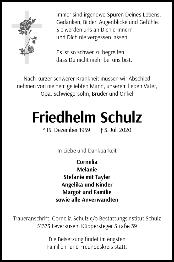  Traueranzeige für Friedhelm Schulz vom 11.07.2020 aus Kölner Stadt-Anzeiger / Kölnische Rundschau / Express