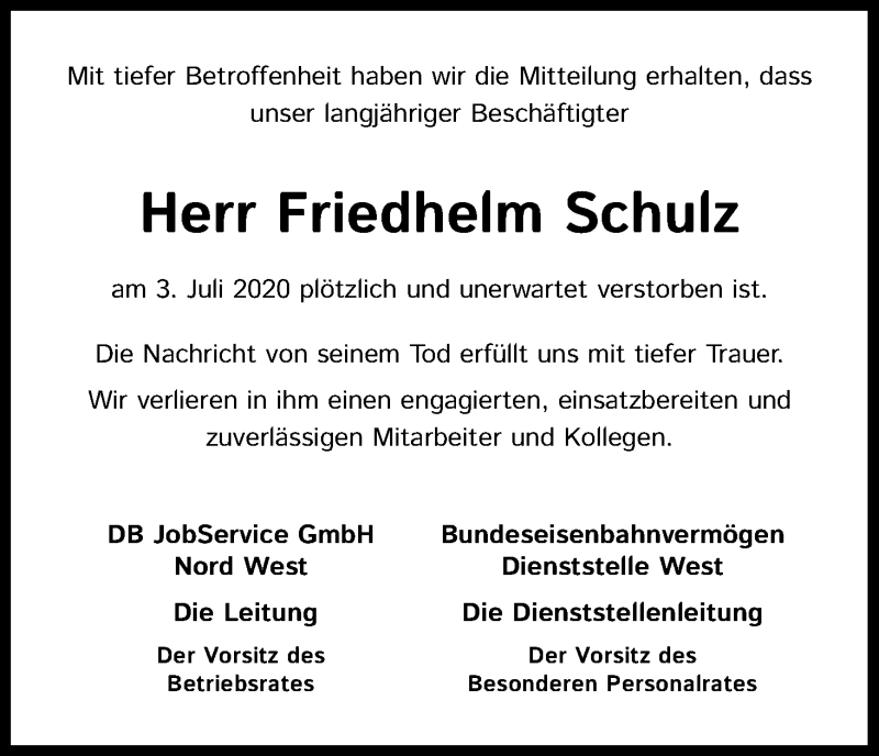 Traueranzeige für Friedhelm Schulz vom 11.07.2020 aus Kölner Stadt-Anzeiger / Kölnische Rundschau / Express