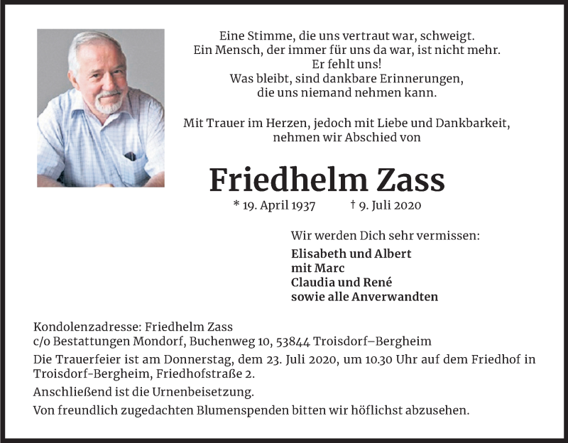  Traueranzeige für Friedhelm Zass vom 18.07.2020 aus Kölner Stadt-Anzeiger / Kölnische Rundschau / Express