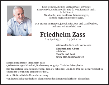 Anzeige von Friedhelm Zass von Kölner Stadt-Anzeiger / Kölnische Rundschau / Express