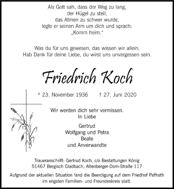 Anzeige von Friedrich Koch von  Bergisches Handelsblatt 