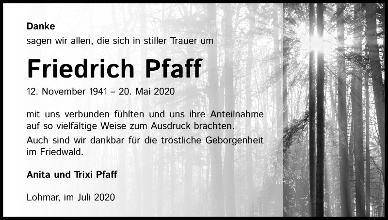  Traueranzeige für Friedrich Pfaff vom 11.07.2020 aus Kölner Stadt-Anzeiger / Kölnische Rundschau / Express