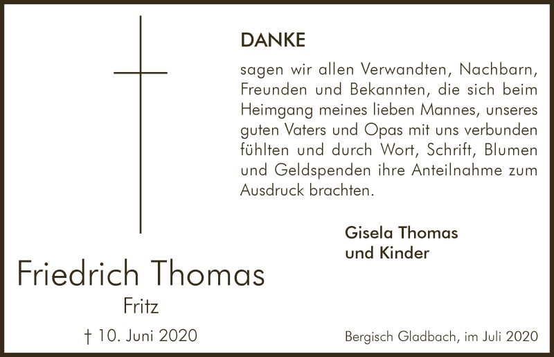  Traueranzeige für Friedrich Thomas vom 24.07.2020 aus  Bergisches Handelsblatt 