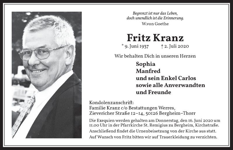  Traueranzeige für Fritz Kranz vom 10.07.2020 aus  Werbepost 