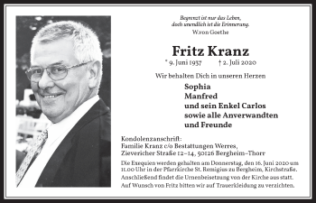 Anzeige von Fritz Kranz von  Werbepost 