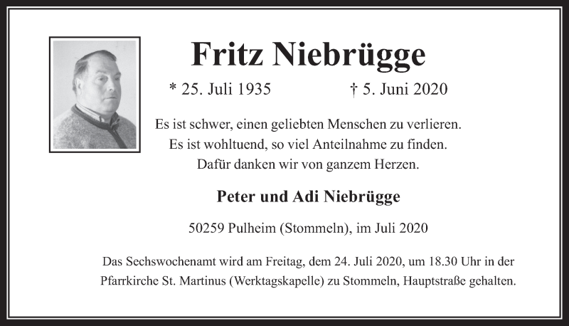  Traueranzeige für Fritz Niebrügge vom 17.07.2020 aus  Wochenende 