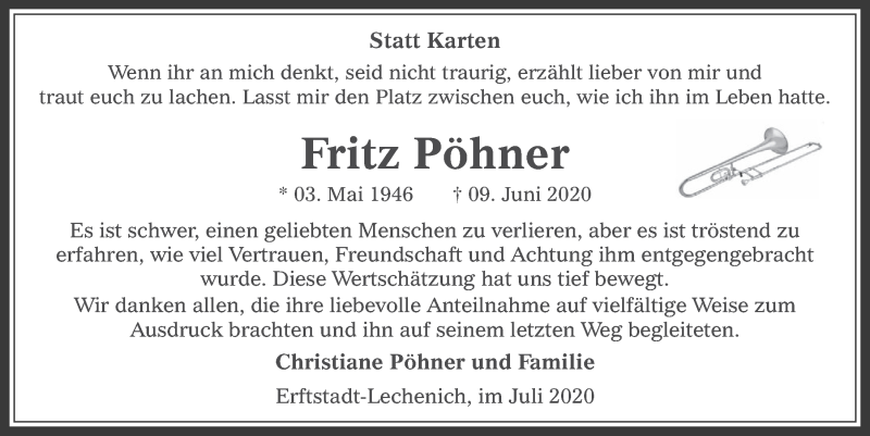  Traueranzeige für Fritz Pöhner vom 03.07.2020 aus  Werbepost 