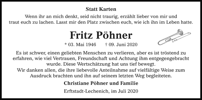  Traueranzeige für Fritz Pöhner vom 04.07.2020 aus Kölner Stadt-Anzeiger / Kölnische Rundschau / Express