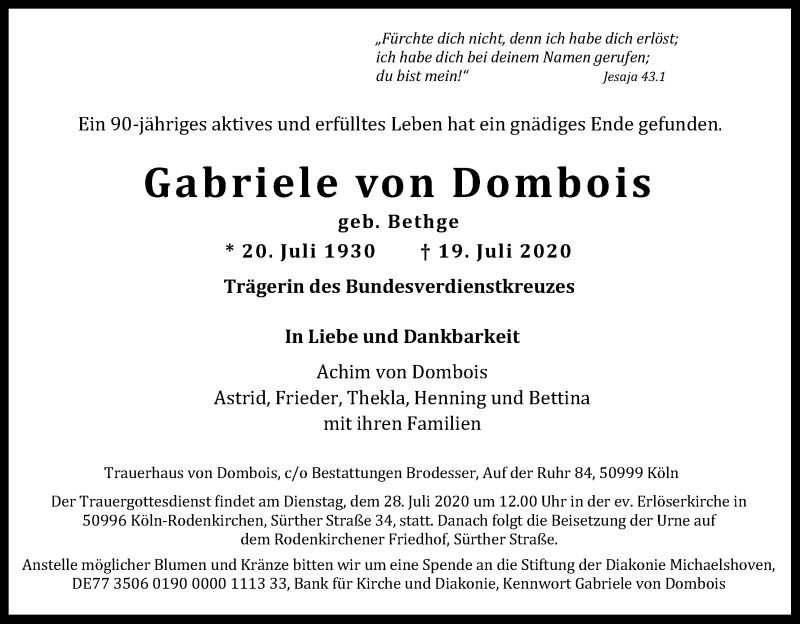  Traueranzeige für Gabriele von Dombois vom 25.07.2020 aus Kölner Stadt-Anzeiger / Kölnische Rundschau / Express