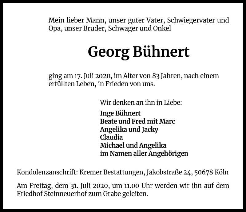  Traueranzeige für Georg Bühnert vom 25.07.2020 aus Kölner Stadt-Anzeiger / Kölnische Rundschau / Express