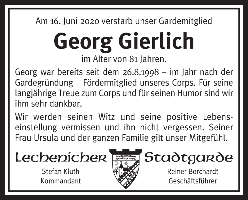  Traueranzeige für Georg Gierlich vom 03.07.2020 aus  Werbepost 