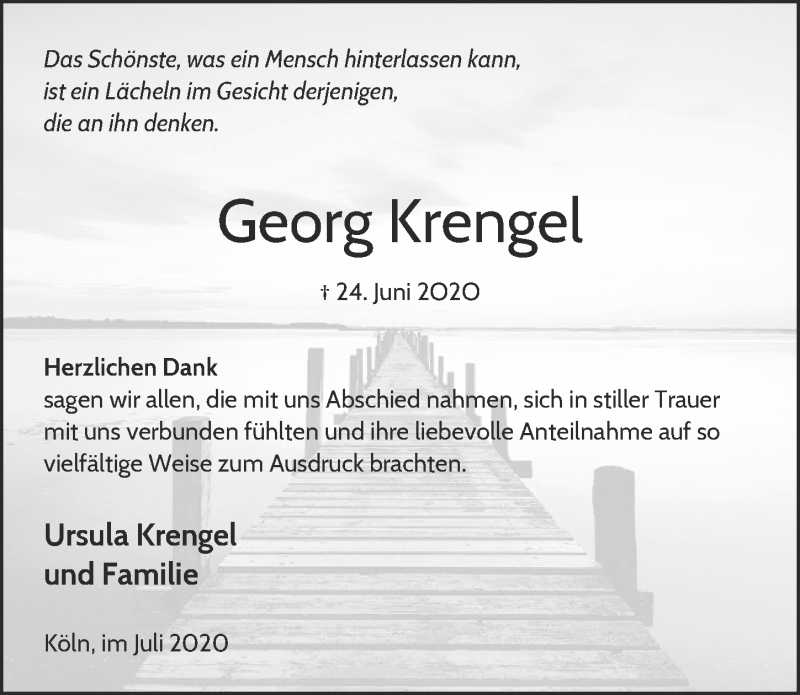  Traueranzeige für Georg Krengel vom 24.07.2020 aus  Kölner Wochenspiegel 
