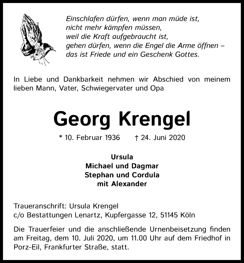  Traueranzeige für Georg Krengel vom 04.07.2020 aus Kölner Stadt-Anzeiger / Kölnische Rundschau / Express