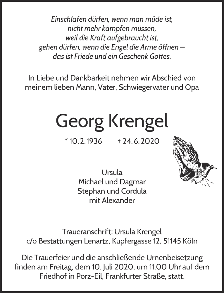  Traueranzeige für Georg Krengel vom 03.07.2020 aus  Kölner Wochenspiegel 