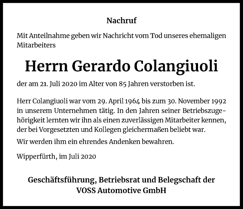  Traueranzeige für Gerardo Colangiuoli vom 25.07.2020 aus Kölner Stadt-Anzeiger / Kölnische Rundschau / Express