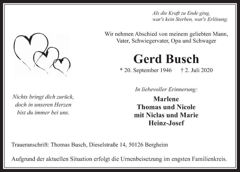  Traueranzeige für Gerd Busch vom 10.07.2020 aus  Werbepost 