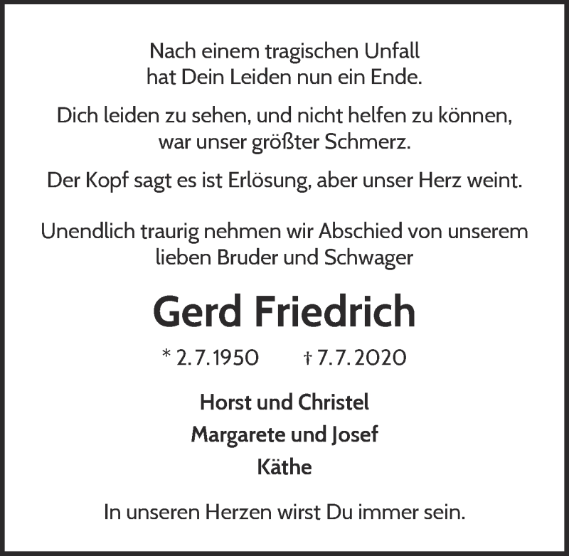  Traueranzeige für Gerd Friedrich vom 11.07.2020 aus  Blickpunkt Euskirchen 
