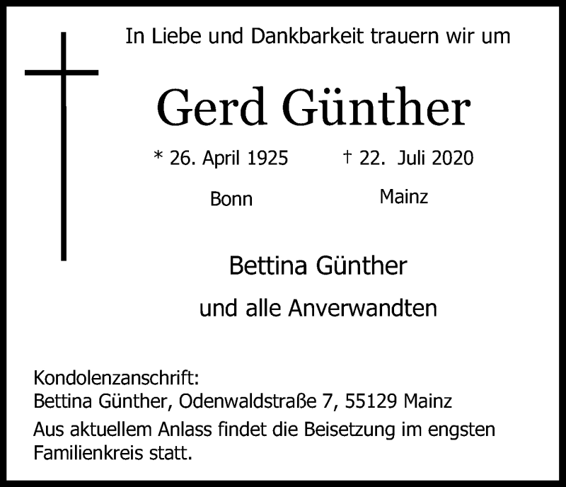  Traueranzeige für Gerd Günther vom 25.07.2020 aus Kölner Stadt-Anzeiger / Kölnische Rundschau / Express