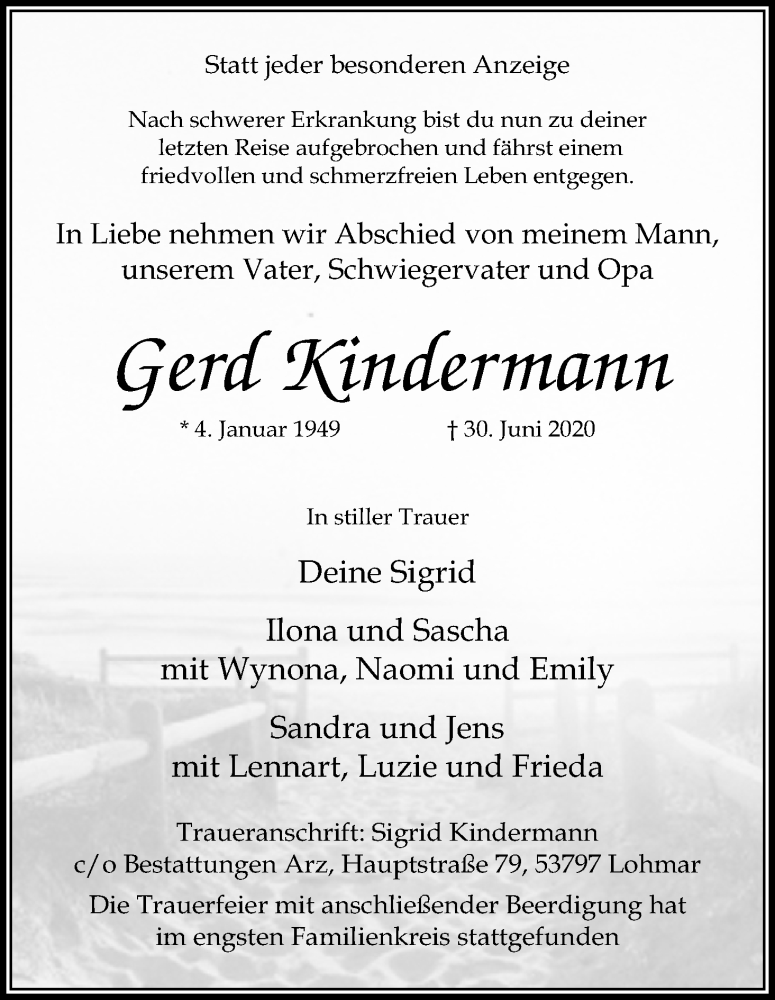  Traueranzeige für Gerd Kindermann vom 08.07.2020 aus Kölner Stadt-Anzeiger / Kölnische Rundschau / Express