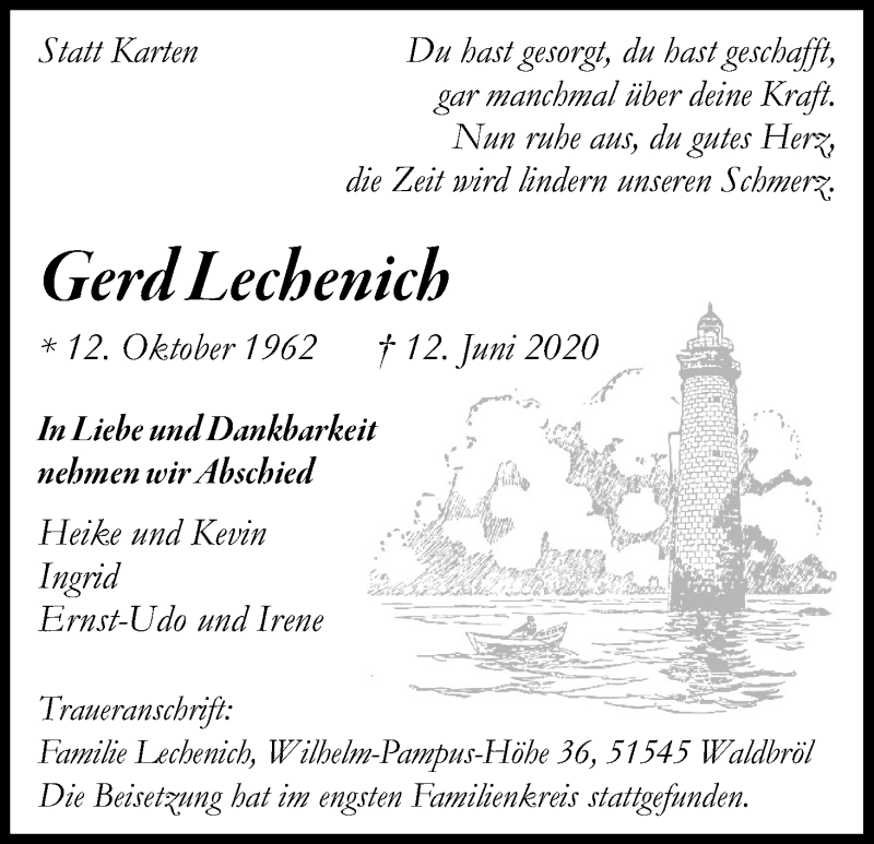  Traueranzeige für Gerd Lechenich vom 18.07.2020 aus Kölner Stadt-Anzeiger / Kölnische Rundschau / Express