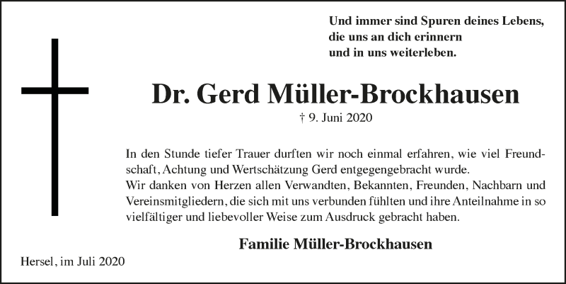  Traueranzeige für Gerd Müller-Brockhausen vom 24.07.2020 aus  Schaufenster/Blickpunkt 