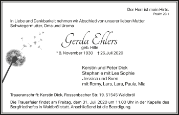 Anzeige von Gerda Ehlers von  Lokalanzeiger 