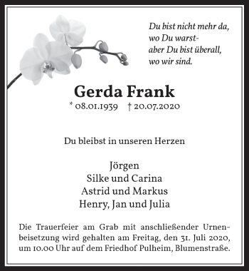 Anzeige von Gerda Frank von  Wochenende 