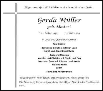 Anzeige von Gerda Müller von Kölner Stadt-Anzeiger / Kölnische Rundschau / Express
